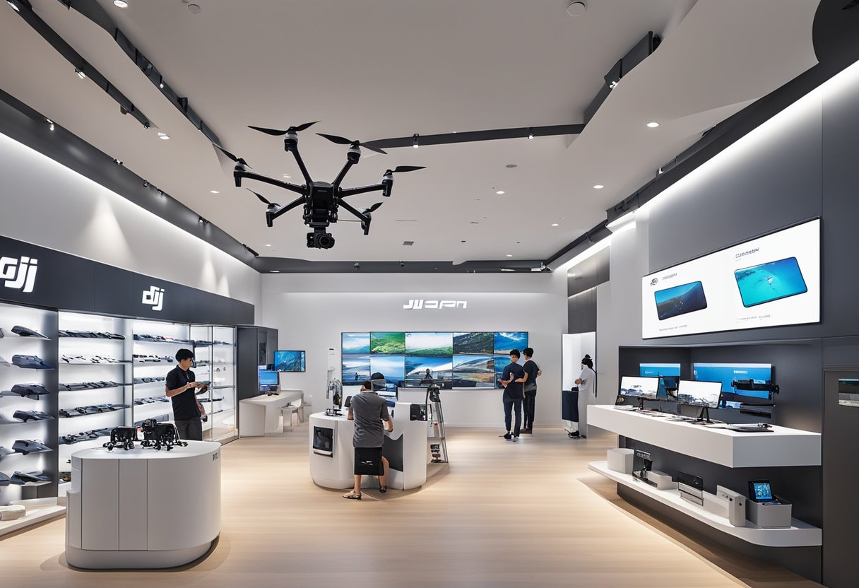 The Dji store in Singapore bustles with customers exploring the latest drones and accessories. The sleek, modern interior features displays of high-tech gadgets and vibrant promotional materials