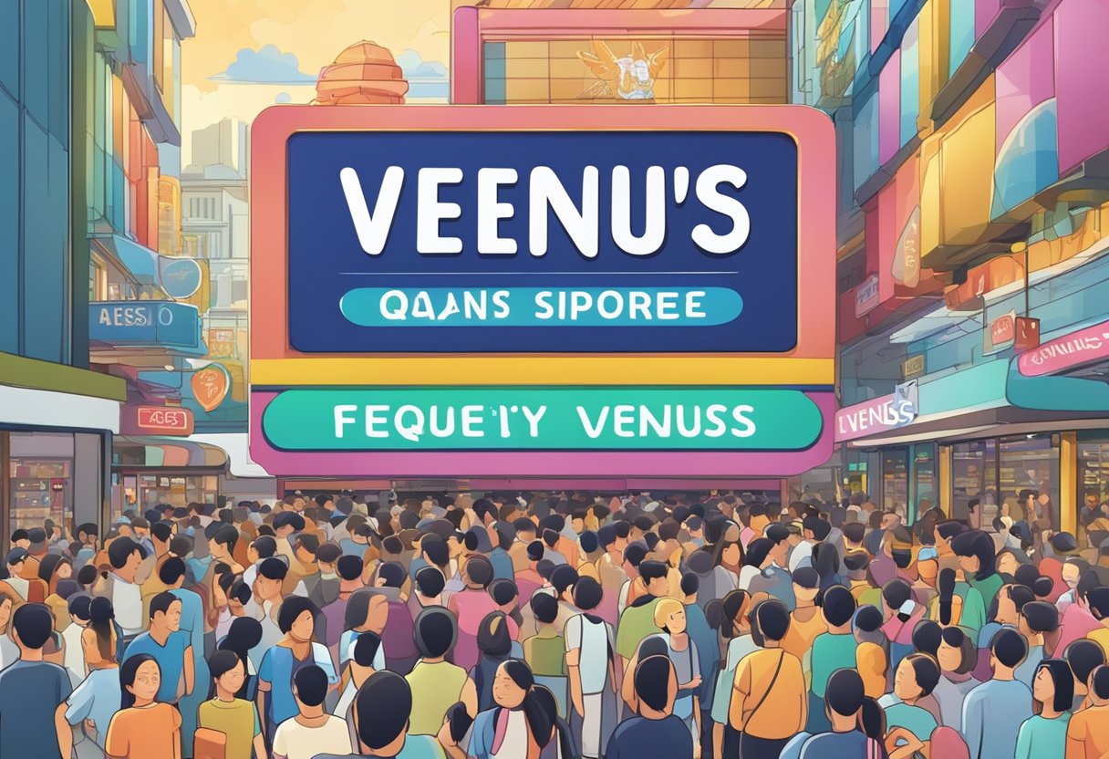 A colorful signboard with "Frequently Asked Questions" and "Venus Singapore" displayed, surrounded by a bustling crowd