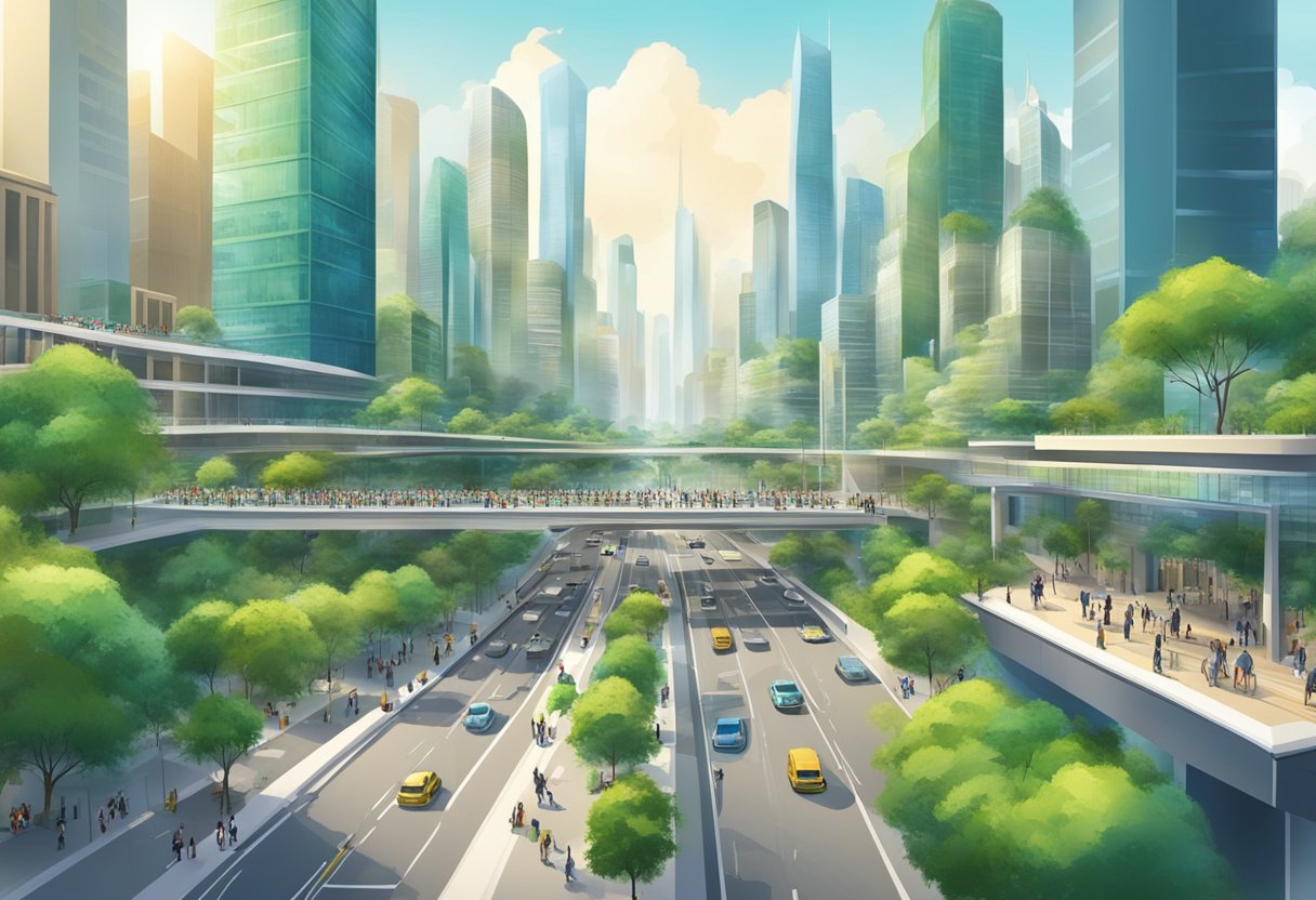 A bustling city with skyscrapers, green spaces, and a network of roads. A diverse mix of people and cultures, with modern technology and infrastructure