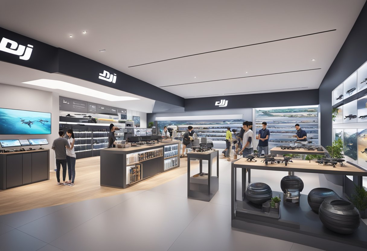 A DJI store in Singapore, showcasing a range of innovative drones and accessories, with customers browsing and interacting with the latest technology