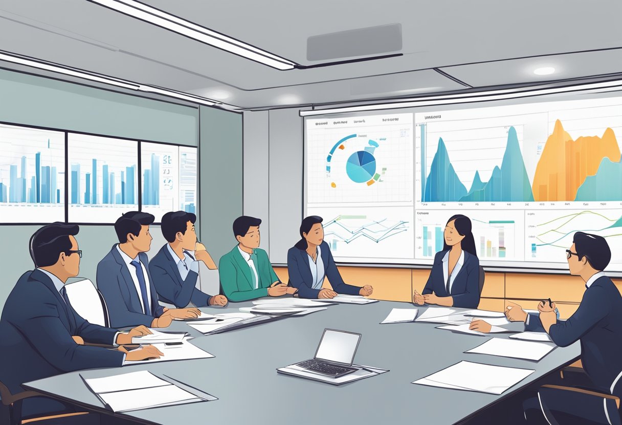 A group of people in a meeting room, discussing VTP requirements in Singapore, with charts and diagrams on the whiteboard