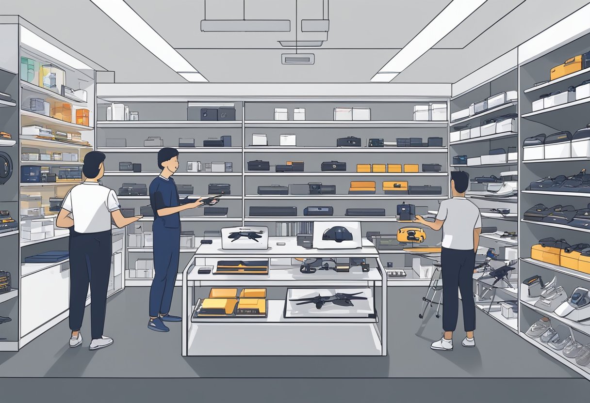 Customers browsing drones and accessories at DJI Store Singapore. Shelves lined with high-tech gadgets and vibrant displays. Store staff assisting and demonstrating products