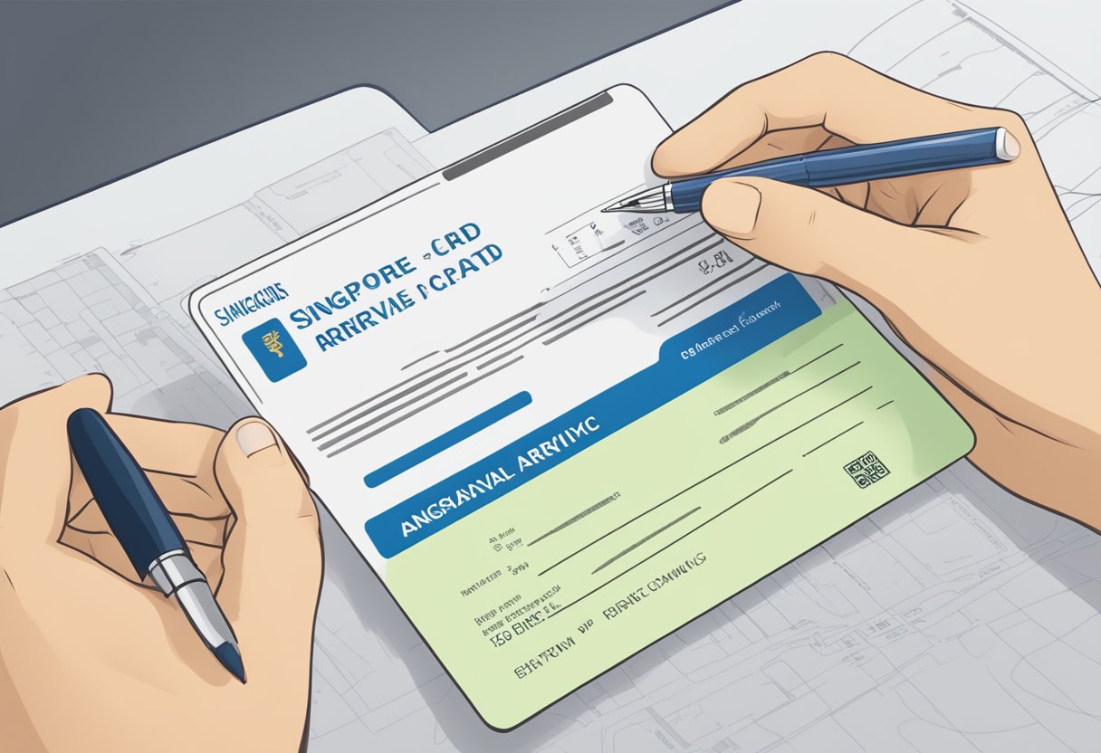 A hand holding a Singapore Arrival Card with a pen ready to fill in the required information