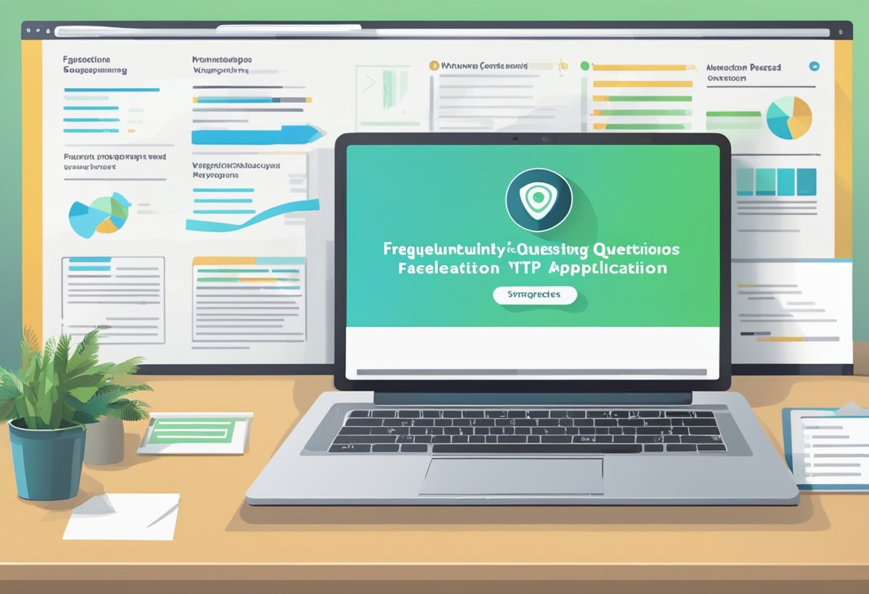 A laptop displaying a webpage titled "Frequently Asked Questions vtp application singapore" with a list of questions and answers