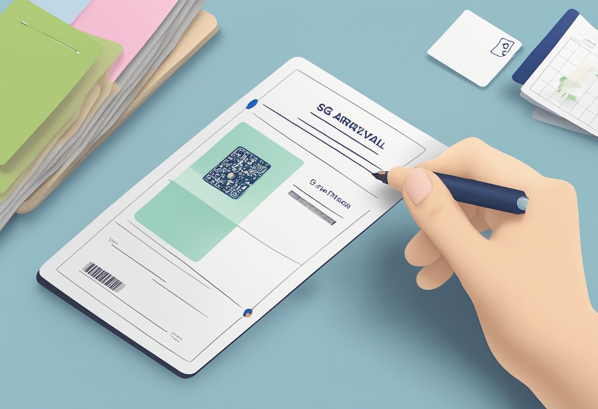 A hand holds a completed SG Arrival Card, ready to be submitted. The card is placed on a flat surface with a pen nearby