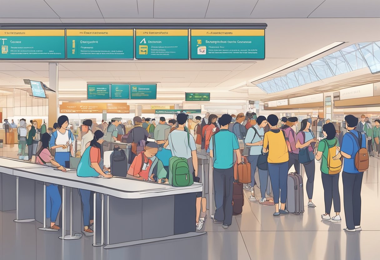 Passengers filling out arrival cards at Singapore airport counter. Tables with pens, forms, and signage. Busy atmosphere with people in line