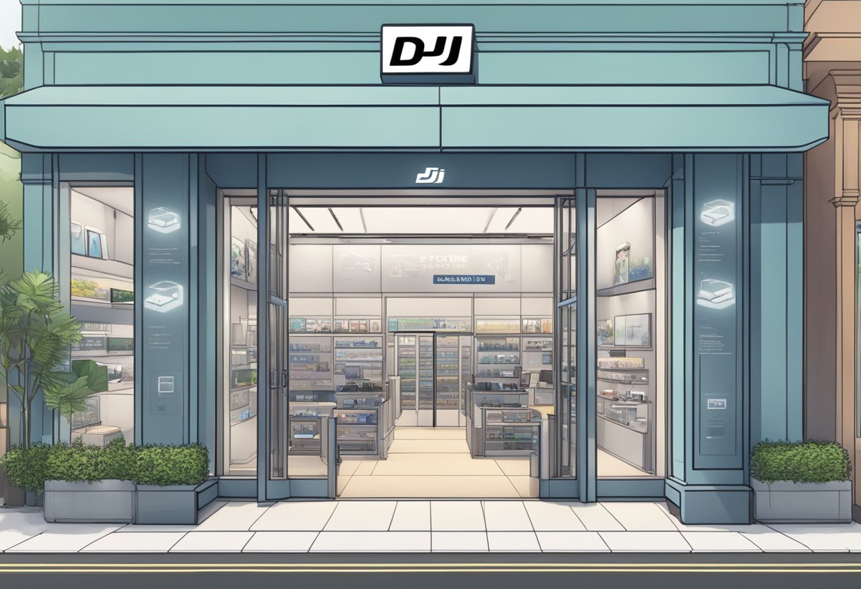 The storefront of the DJI store in Singapore, with a prominent "Frequently Asked Questions" sign displayed