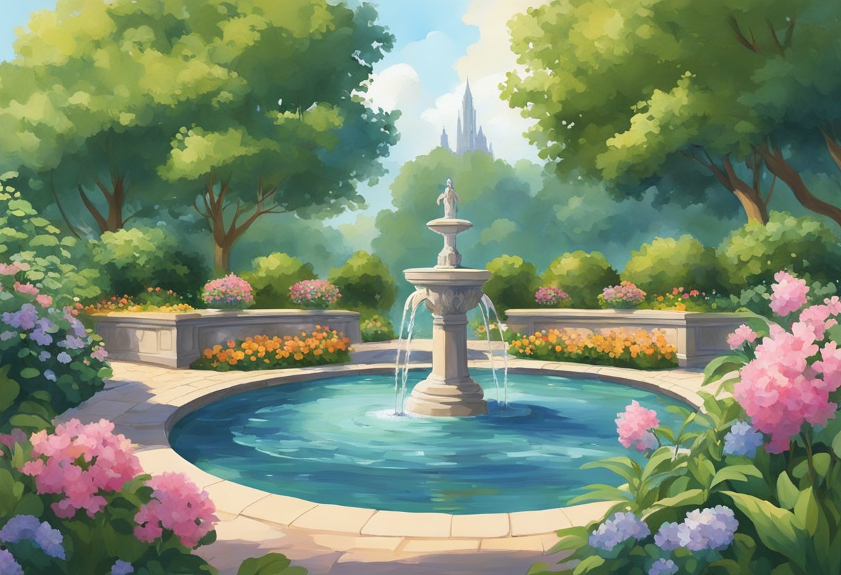 A group of people gather in a serene garden, surrounded by lush greenery and blooming flowers. In the center, a peaceful fountain radiates a sense of harmony and tranquility