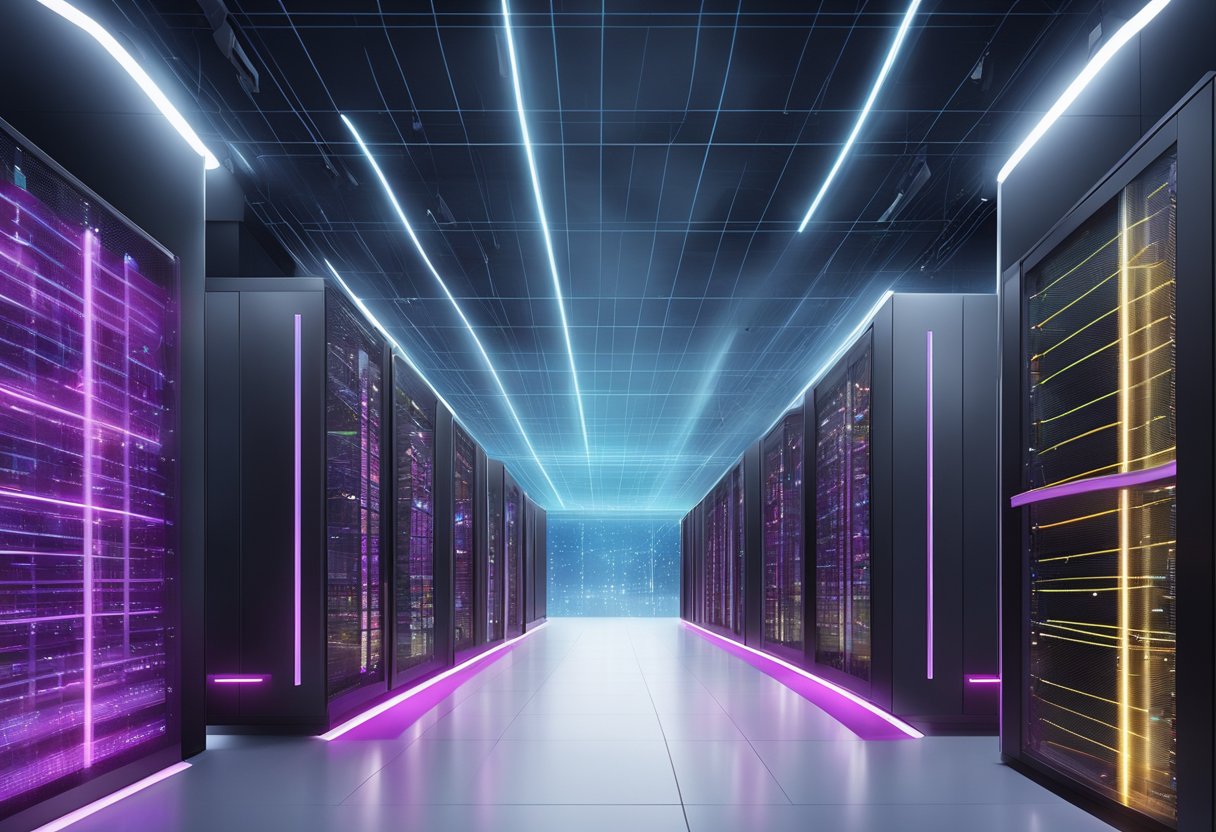 Equinix Singapore: A futuristic data center with sleek, metallic architecture and glowing lights, surrounded by a network of high-speed fiber optic cables