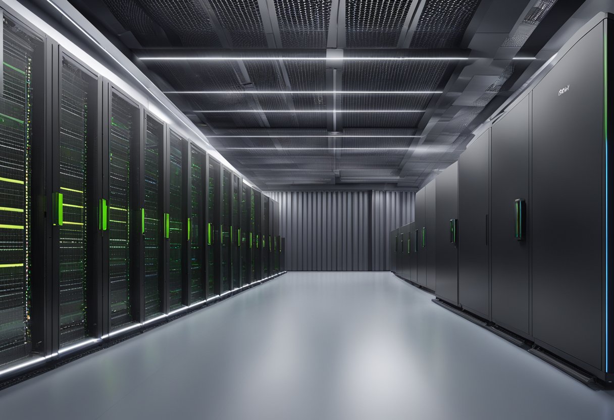 The Equinix IBX Data Centres in Singapore feature a modern, high-tech facility with rows of server racks, cooling systems, and fiber optic cables