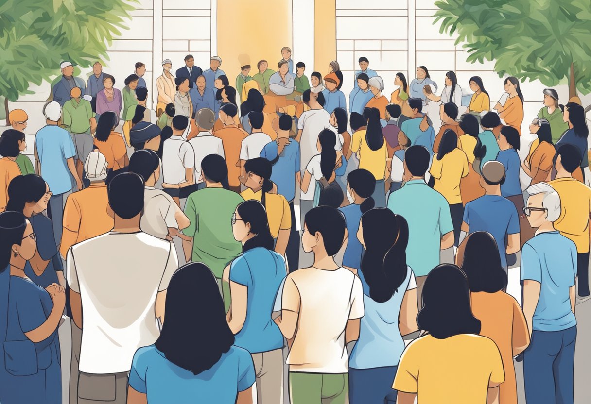 A diverse group of people gather to contribute to the community at Soka Gakkai Singapore, working together to create positive change