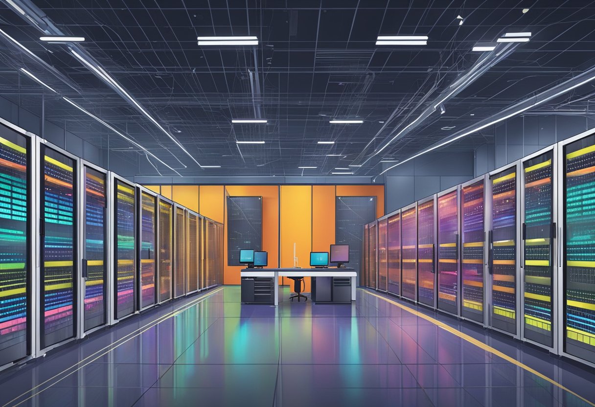 Equinix Singapore: A bustling data center with rows of servers, fiber optic cables, and technicians maintaining network connectivity