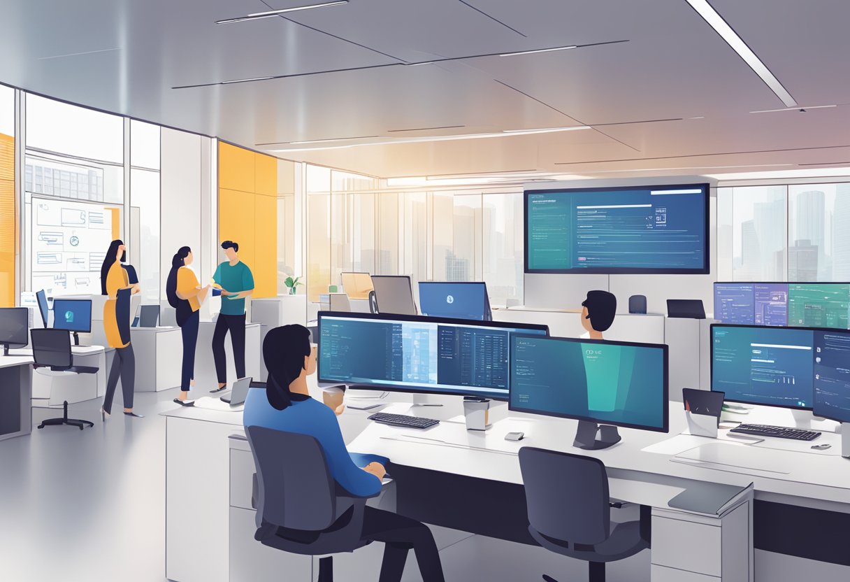 Equinix Singapore FAQ: Computer screen displaying FAQs, office setting with logo, and people working in background