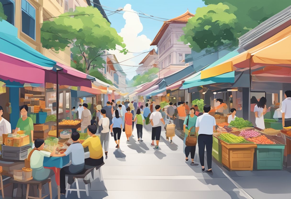 A bustling street in Singapore, with colorful buildings and bustling market stalls, filled with the sounds of chatter and the aroma of local cuisine