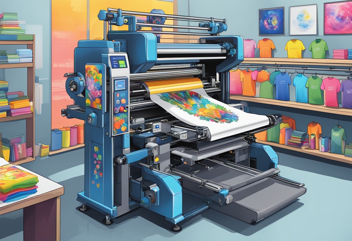 A t-shirt printing machine in a Singapore workshop, with vibrant colored inks and various t-shirt designs on display
