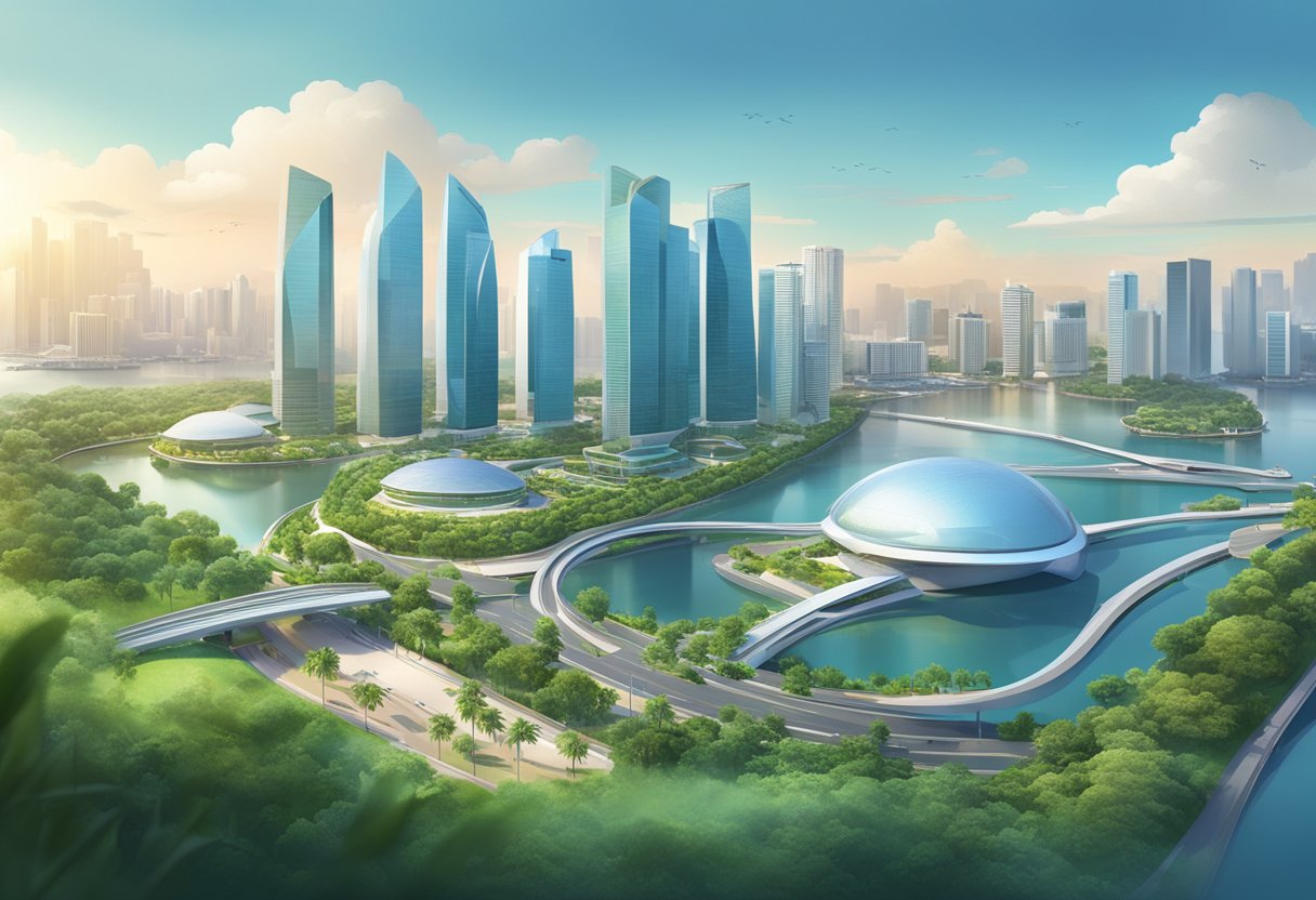 A futuristic skyline of Xcape Singapore, with sleek buildings and bustling streets, surrounded by lush greenery and a tranquil waterfront