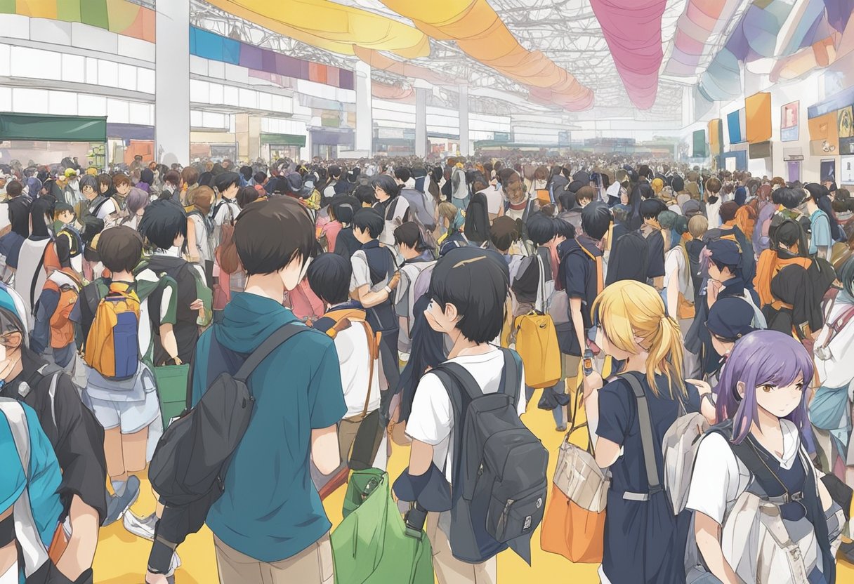 Crowds fill the convention hall at Anime Festival Singapore, browsing merchandise and enjoying colorful displays. Cosplayers pose for photos while artists sketch new creations