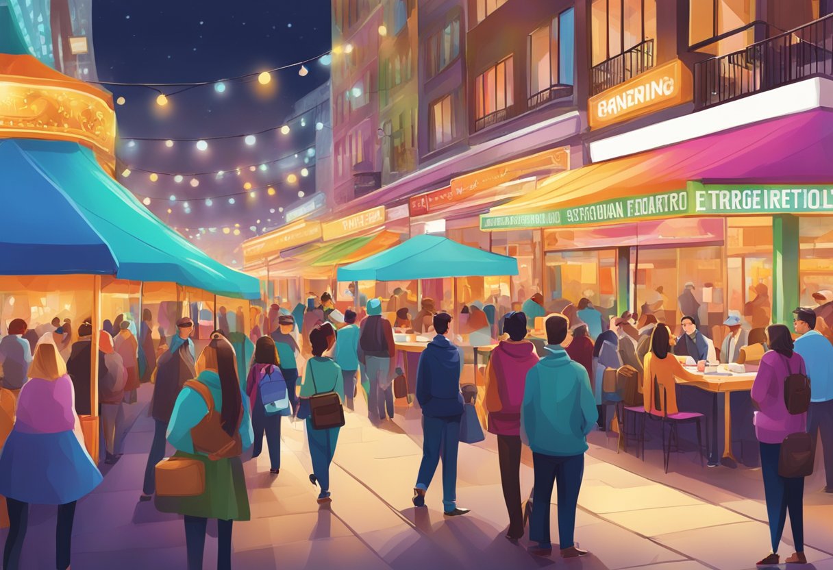 The event features bustling crowds, colorful booths, and engaging demonstrations. Bright lights and vibrant signage create an energetic atmosphere