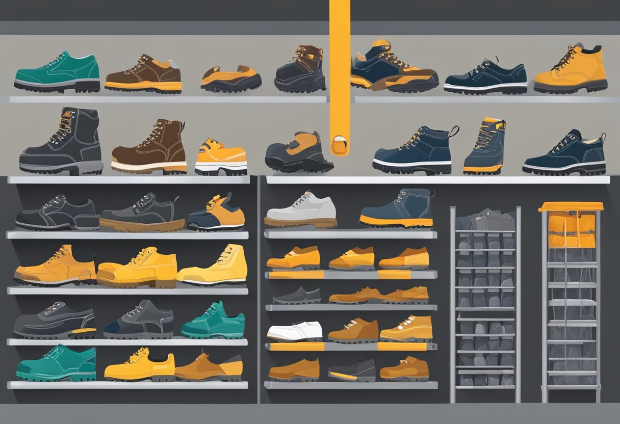 Various safety shoe types displayed on shelves, including steel toe, slip-resistant, and waterproof features. Brand logos and size options visible