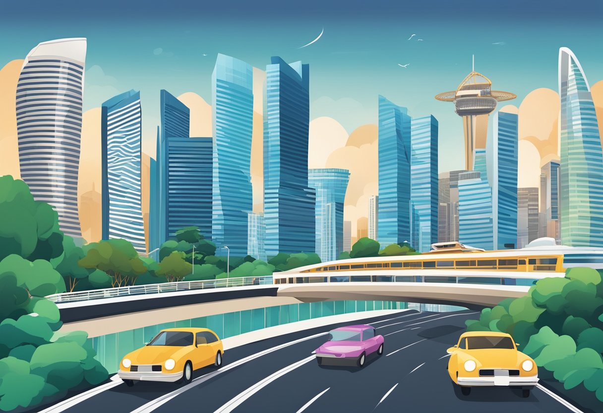 A bustling cityscape of modern buildings and vibrant street life, with iconic landmarks like Marina Bay Sands and the Singapore Flyer