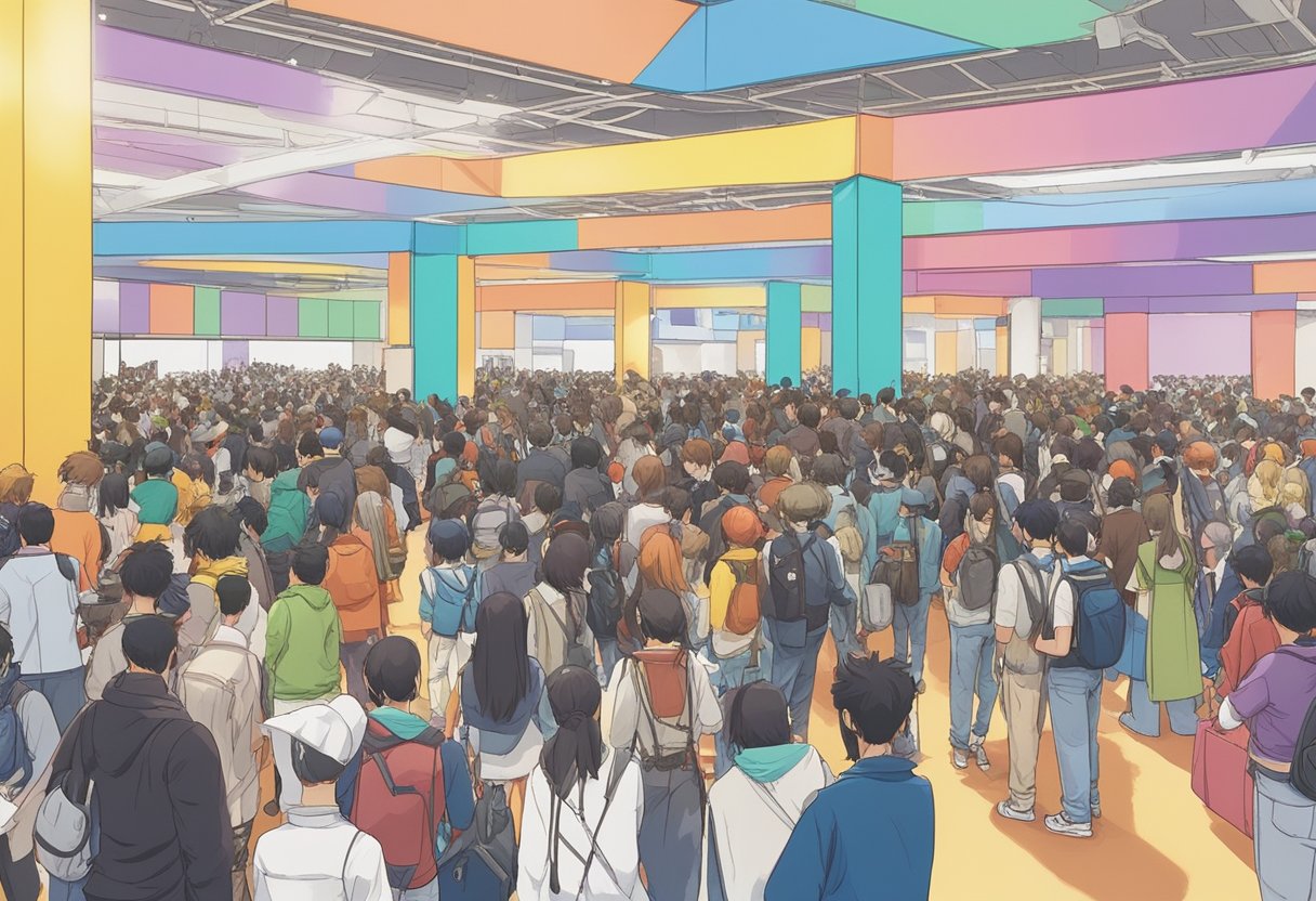 Crowds fill the convention center, browsing colorful booths and watching anime screenings. Cosplayers pose for photos, and artists sell their fan art. A stage hosts performances and panel discussions