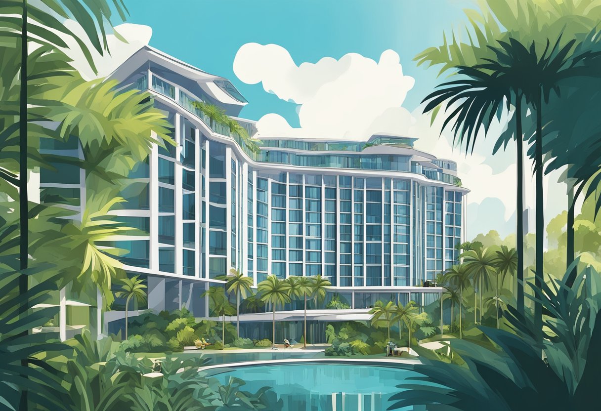 The Sentosa Hotel in Singapore stands tall against the backdrop of a clear blue sky, surrounded by lush greenery and palm trees. The modern architecture and sleek design of the building exude luxury and elegance