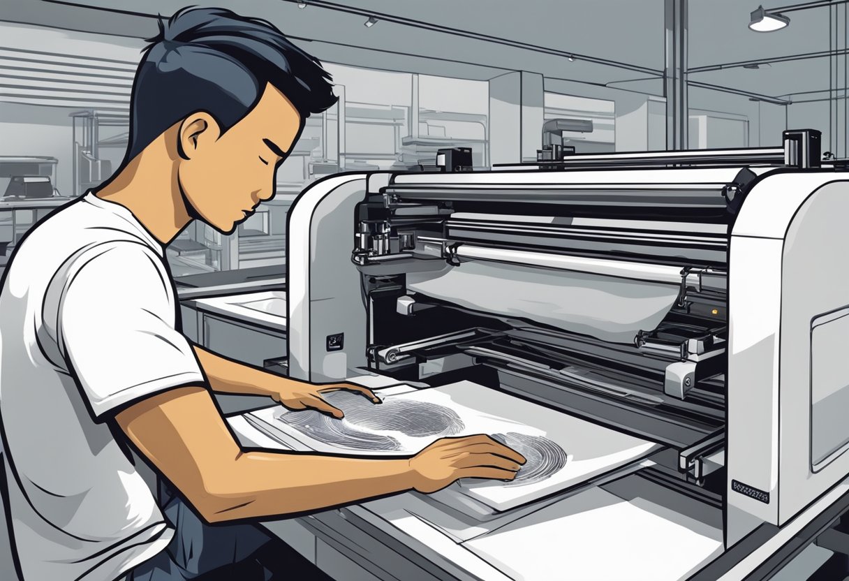 A screen printing machine presses ink onto a white t-shirt, while a designer prepares the design on a computer in a clean and modern Singapore workshop