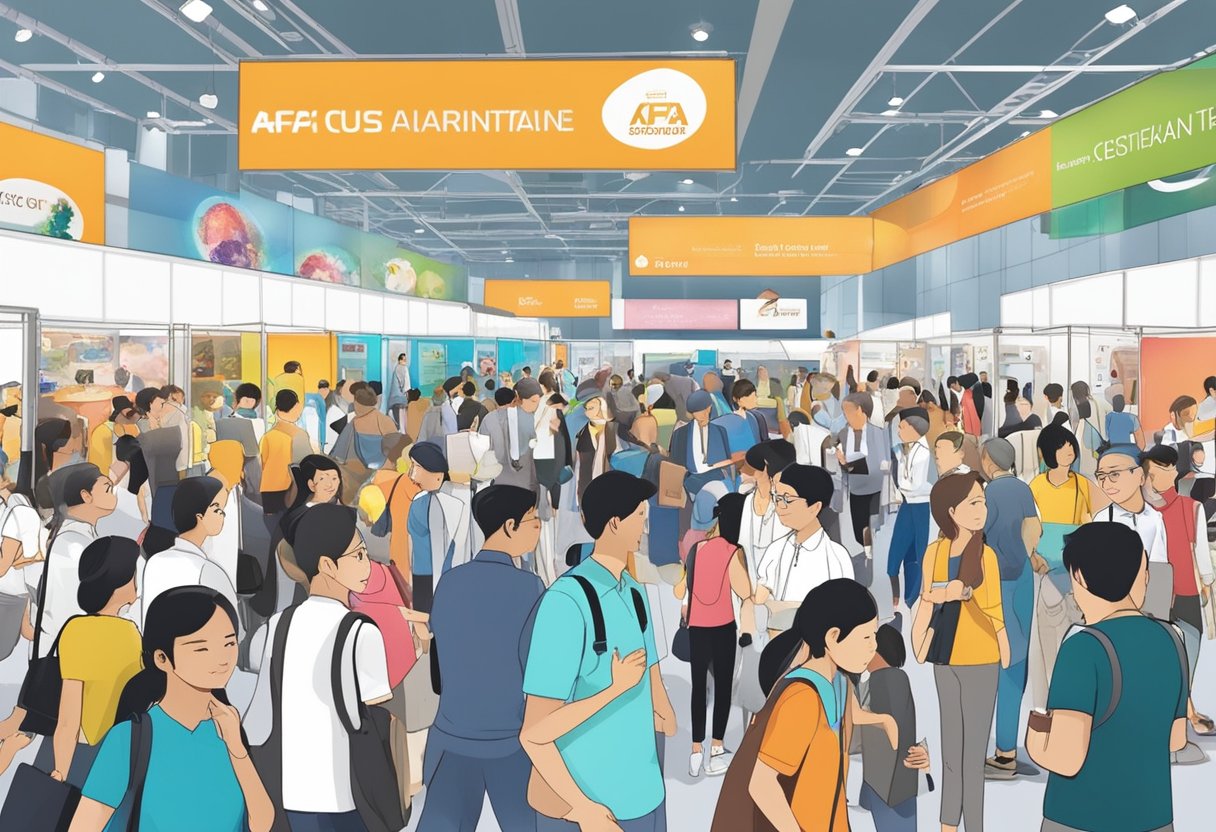 A bustling trade show with diverse cultural displays and interactions at AFA Singapore