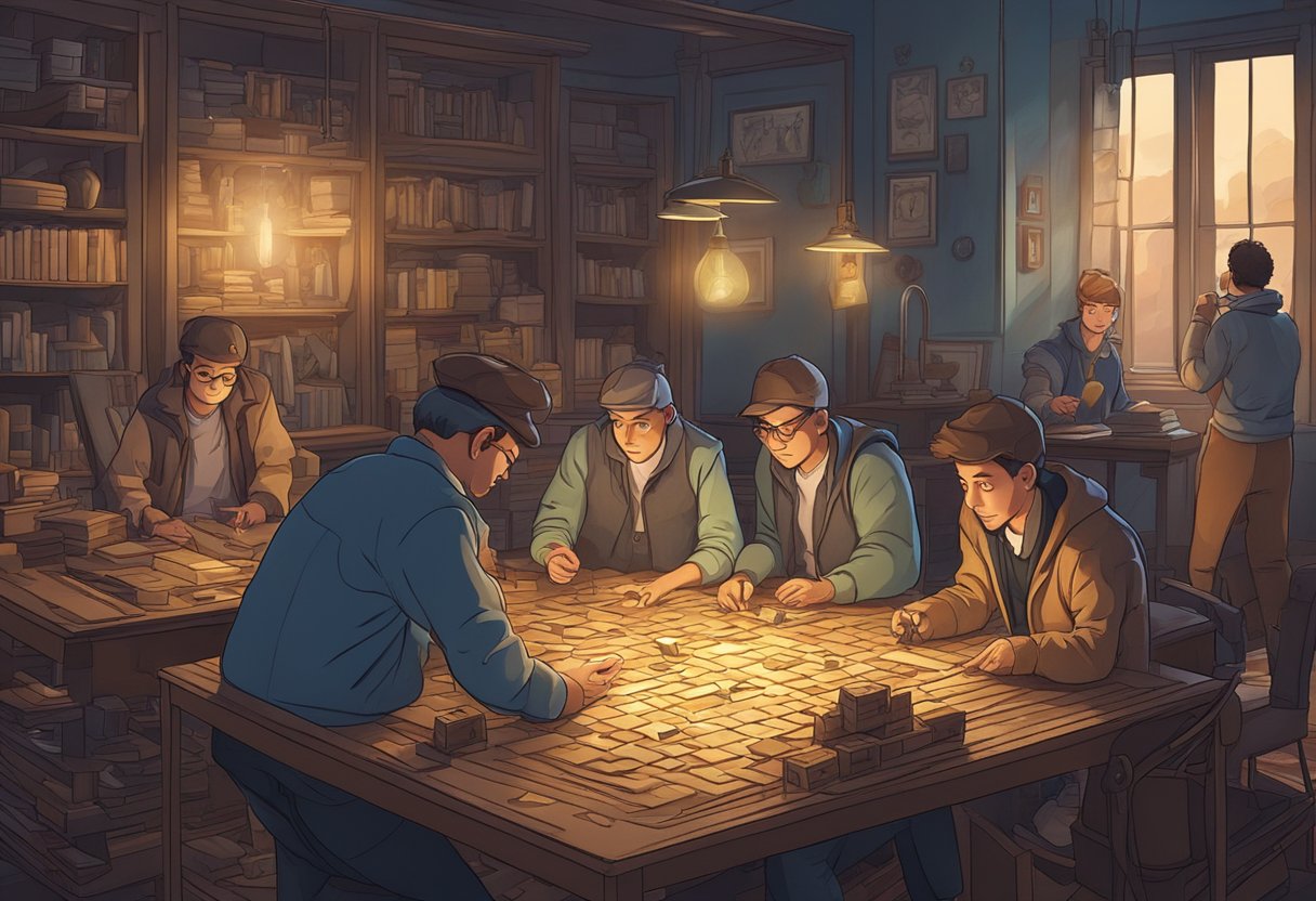 A group of people work together to solve puzzles in a dimly lit room filled with mysterious objects and hidden clues