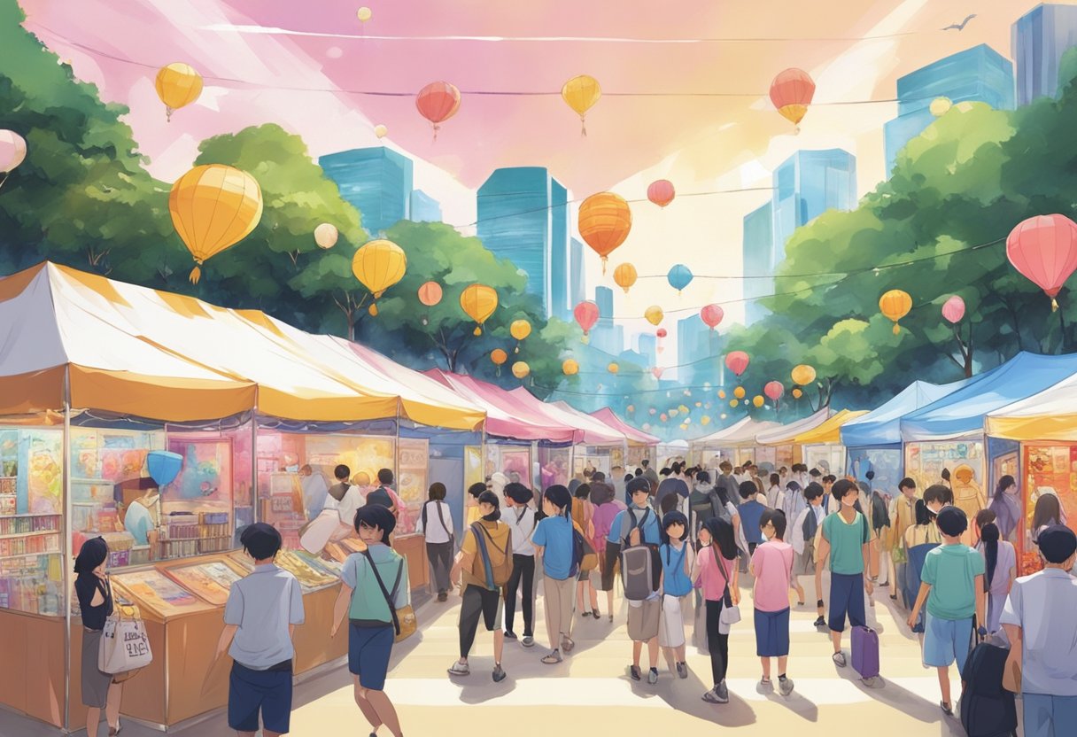 Crowds gather around colorful anime booths at the Singapore festival. Bright banners flutter in the breeze, as attendees enjoy the vibrant atmosphere