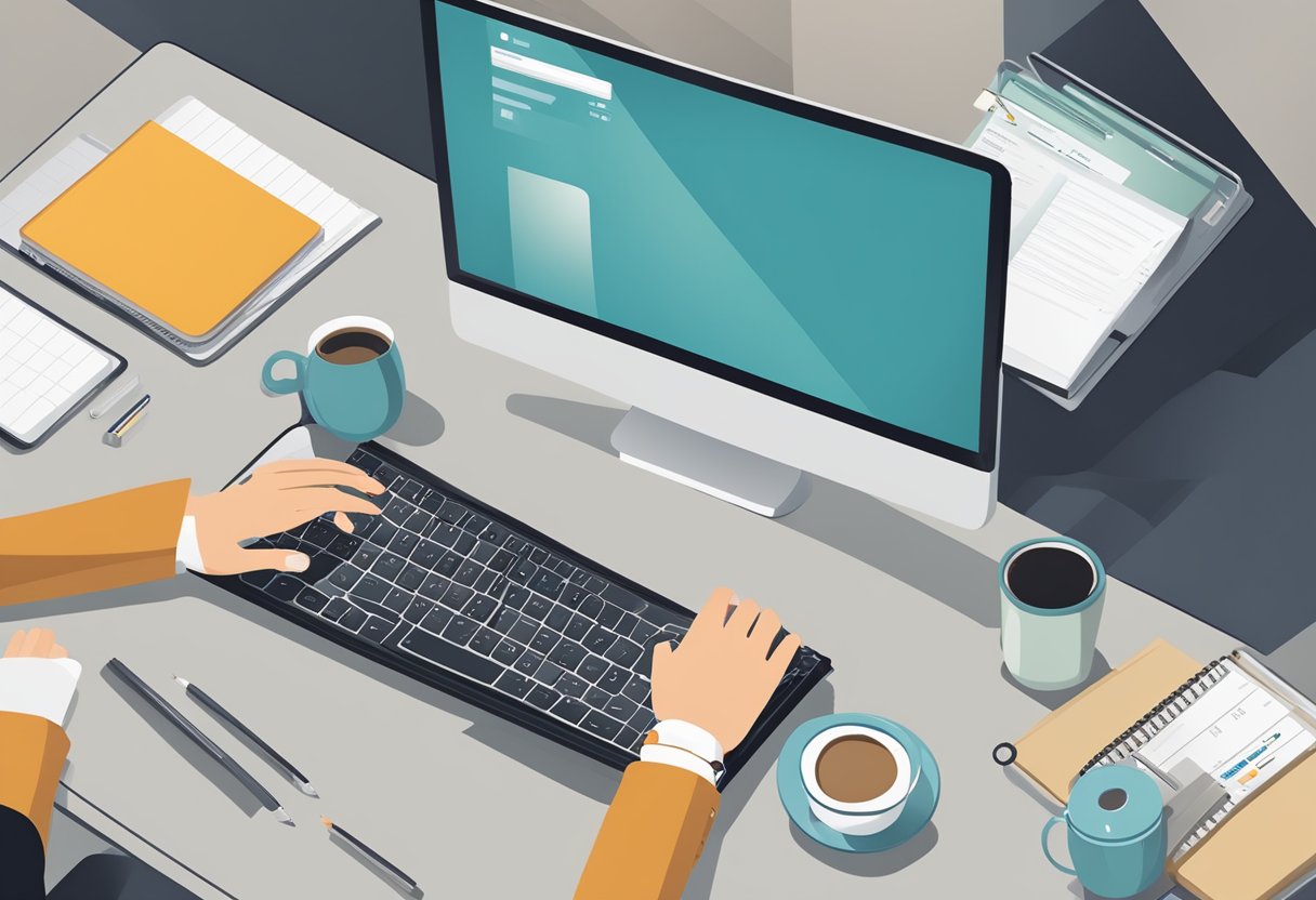 A person sitting at a desk, typing on a computer with the PruAccess website open on the screen, surrounded by office supplies and a cup of coffee