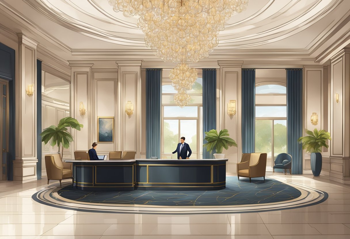 A luxurious hotel lobby with modern furniture, a grand chandelier, and a reception desk. The walls are adorned with artwork, and a concierge is assisting a guest