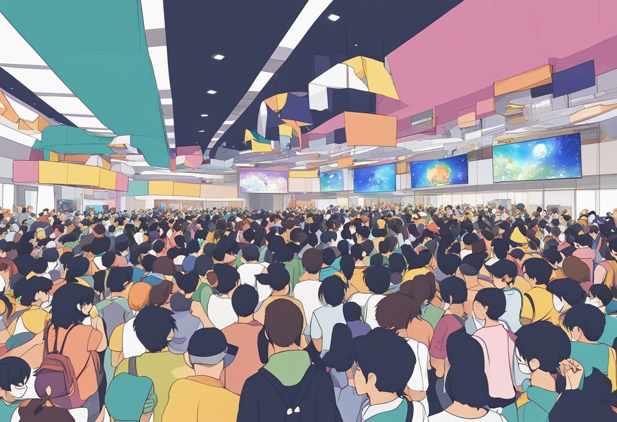 Anime festival in Singapore: crowded hall with colorful booths, cosplayers, and excited attendees. A stage hosts Q&A sessions and panels