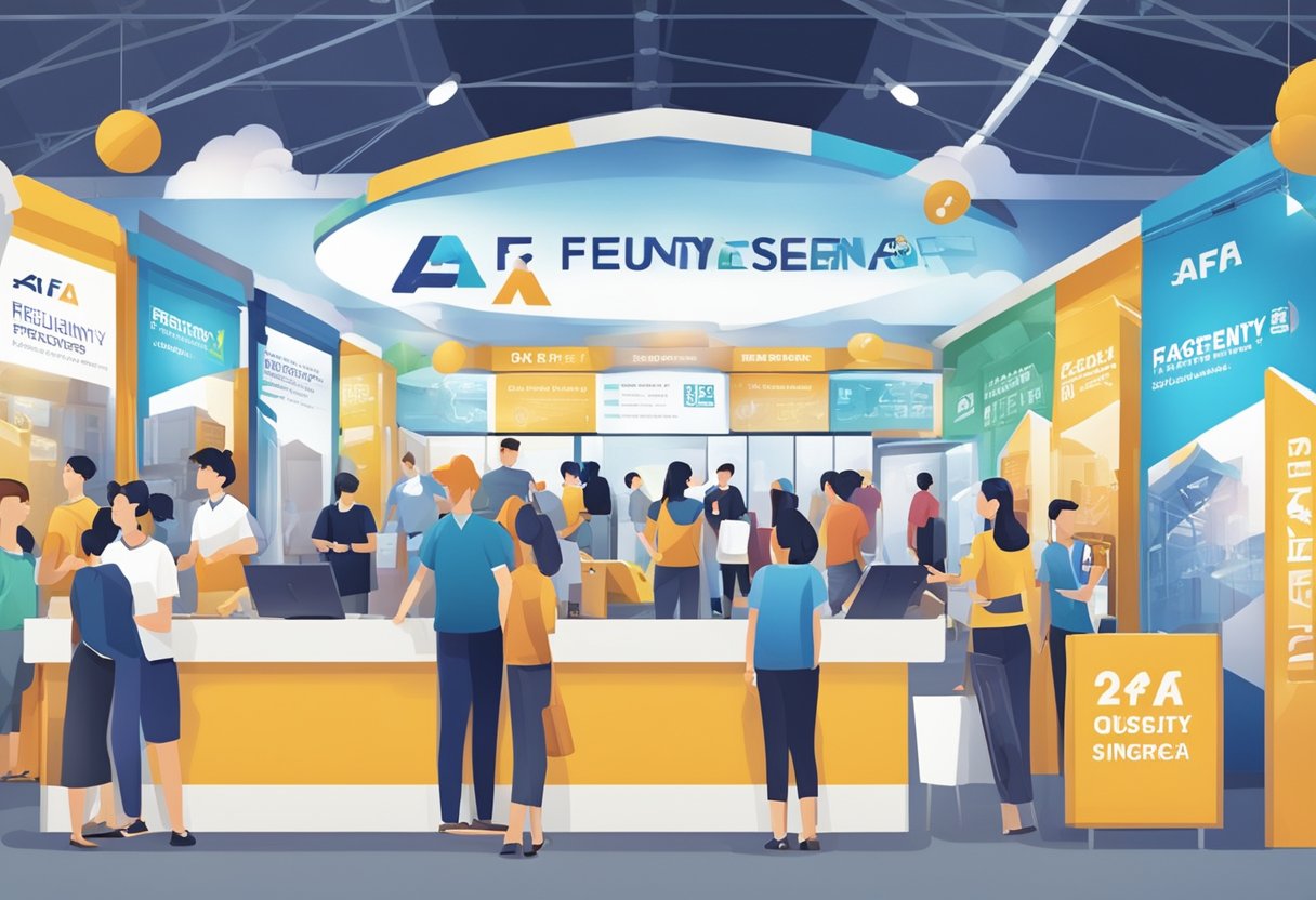 A busy event hall with people interacting at information booths, signage with "Frequently Asked Questions" and the logo of afa singapore