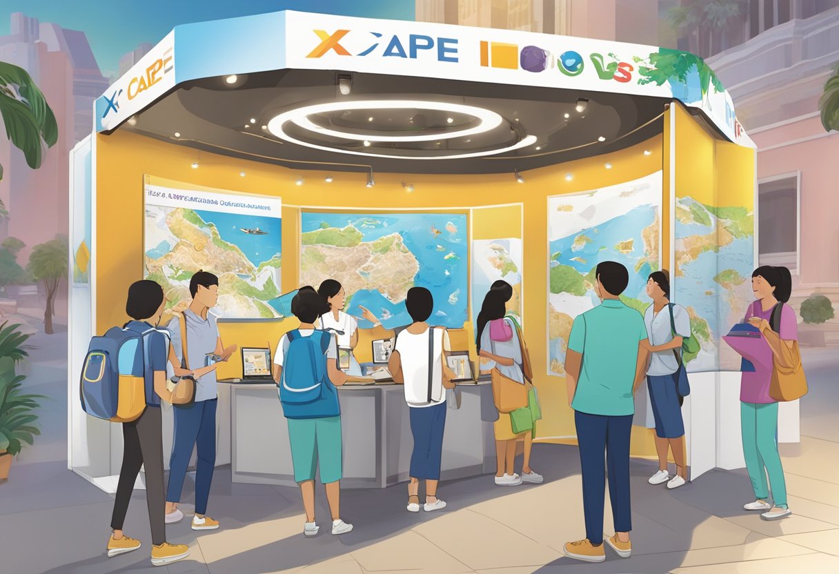 Visitors gather at the Xcape Singapore information booth, surrounded by colorful brochures and maps. The staff welcomes guests with friendly smiles, ready to assist with their adventure plans