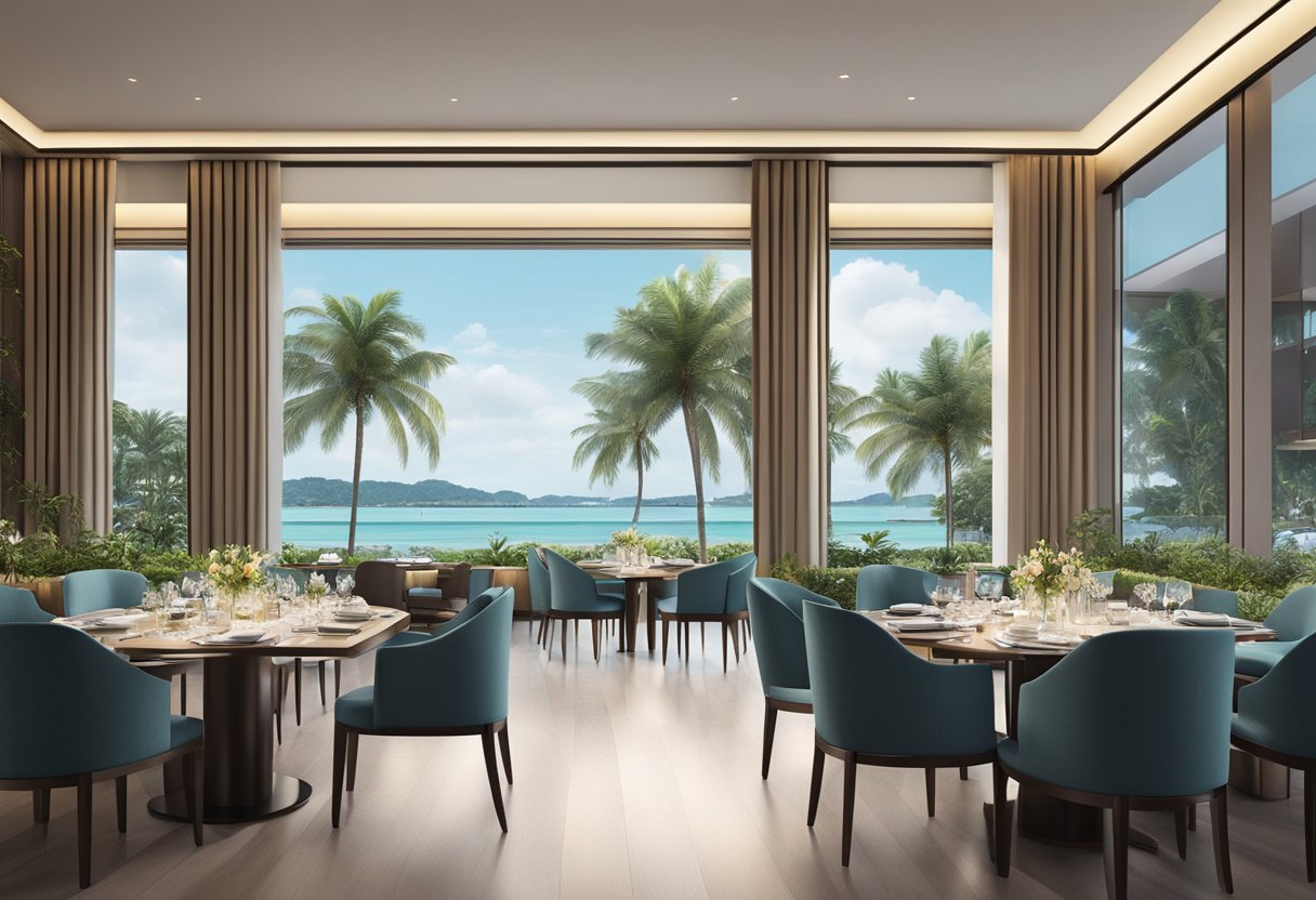 A luxurious dining area with modern decor and a view of the beach at Sentosa Hotel, Singapore