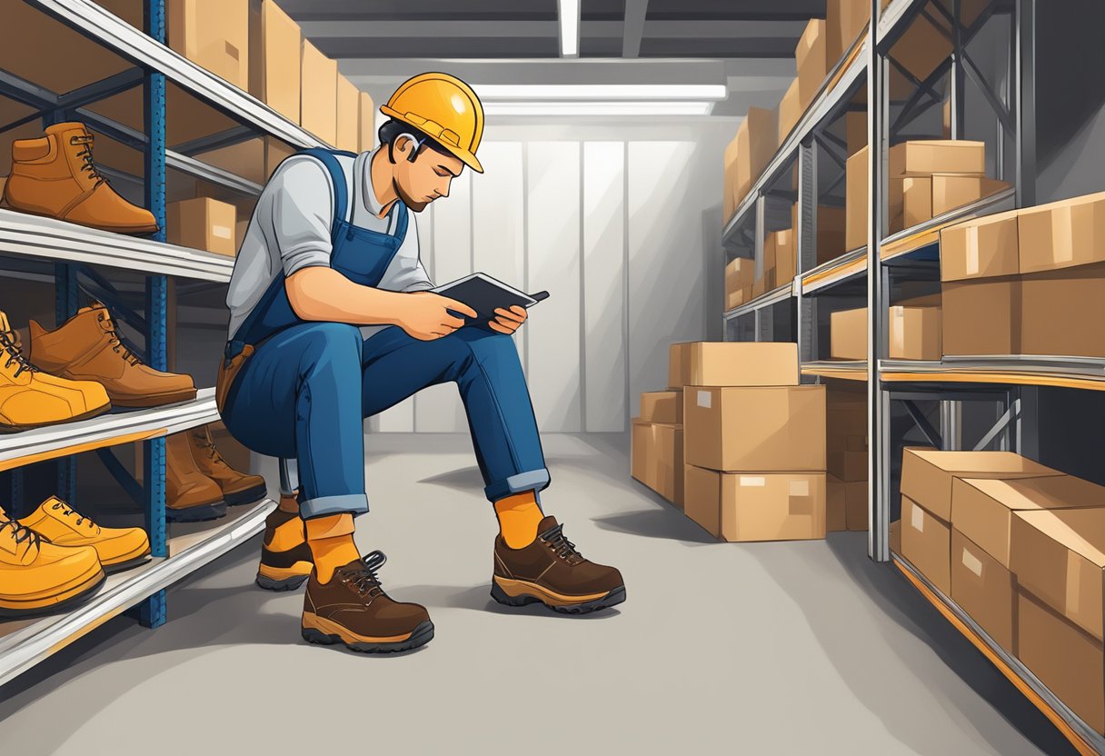 A worker in a warehouse tries on different safety shoes, comparing features and fit for the best protection and comfort