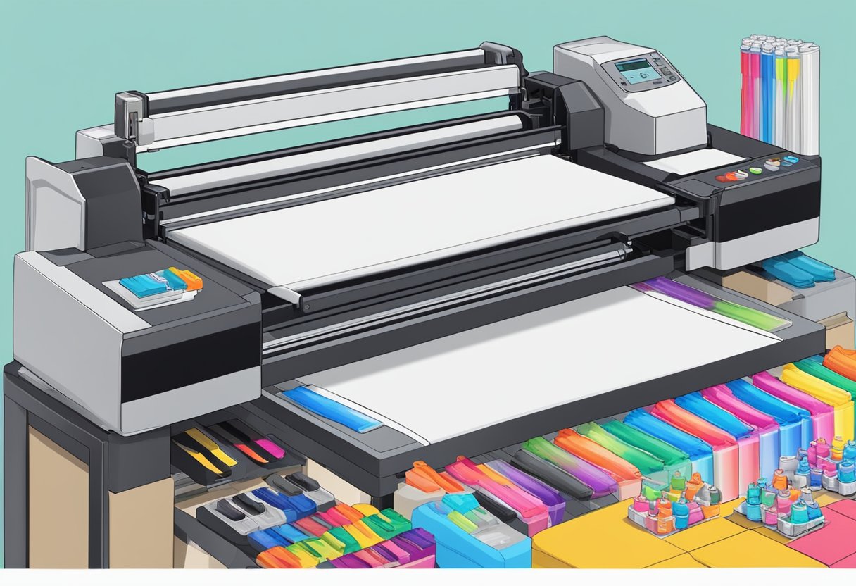 A t-shirt printing machine in action with a stack of blank shirts and a variety of colorful ink cartridges nearby