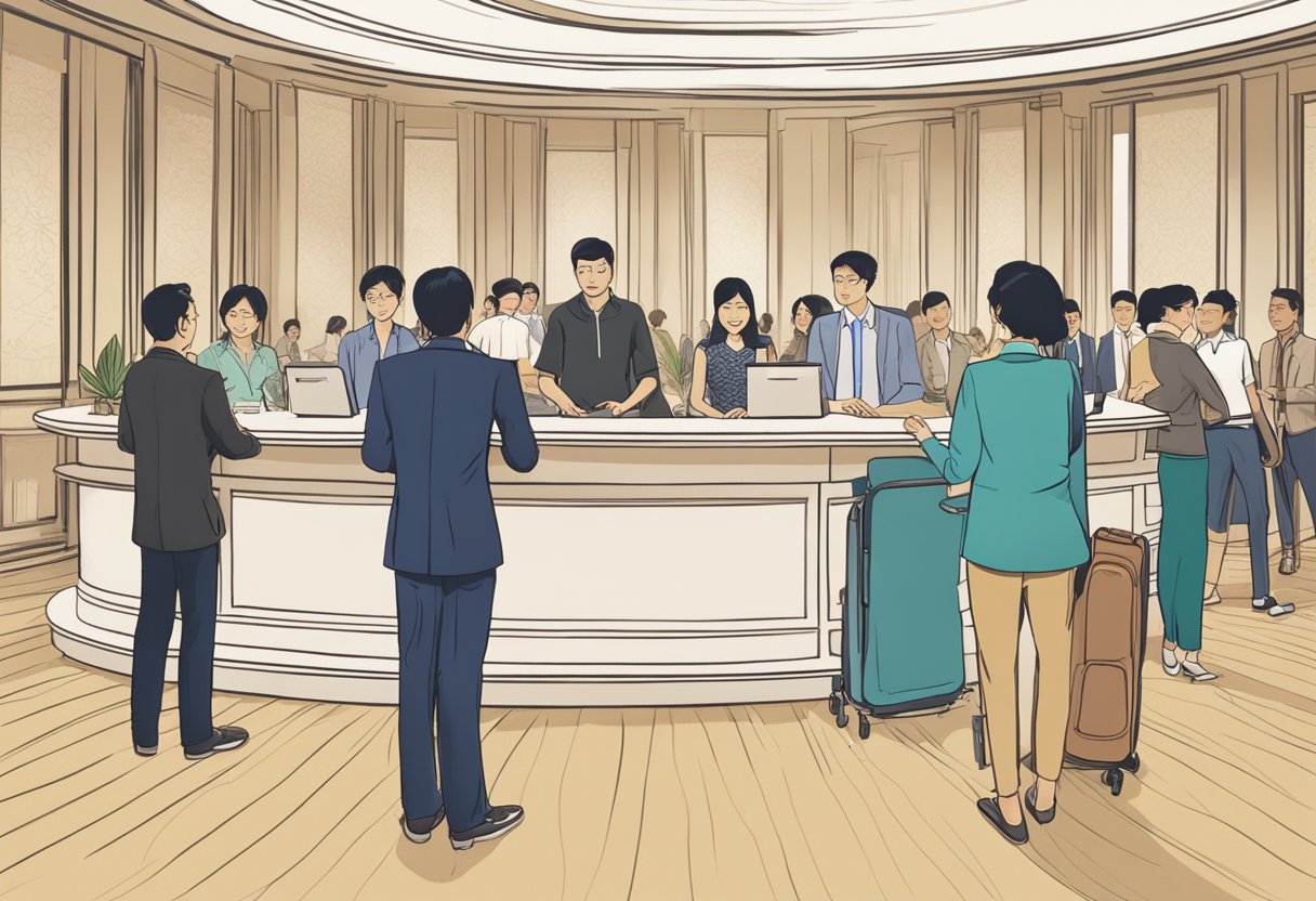 A group of people line up at the reception desk of the Sentosa Hotel in Singapore, while a staff member assists a guest with their questions