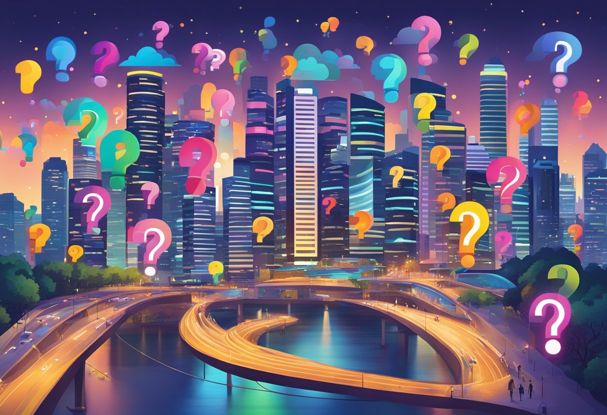 A colorful and vibrant display of various question marks and exclamation points floating above a bustling cityscape, with the iconic Xcape Singapore logo prominently featured in the background