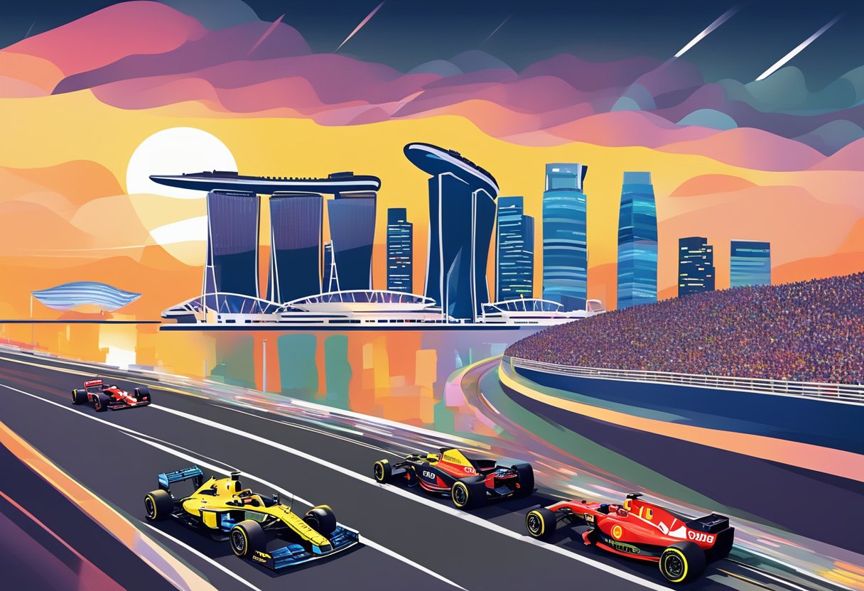 The Formula 1 Singapore schedule: cars racing under the city lights, grandstands filled with enthusiastic fans, and the iconic Marina Bay Sands in the background