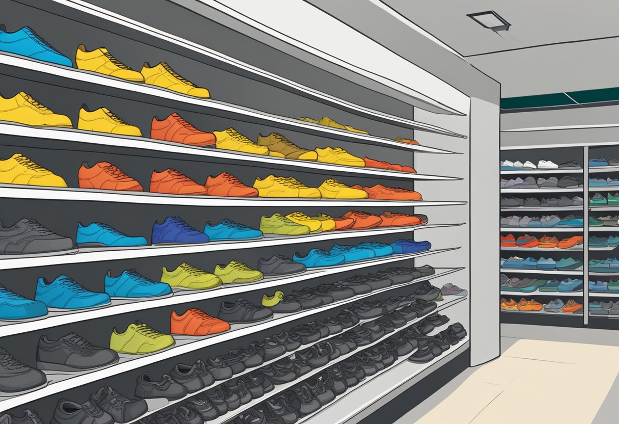 A shelf with rows of safety shoes in a Singapore store, with a "Frequently Asked Questions" sign displayed prominently