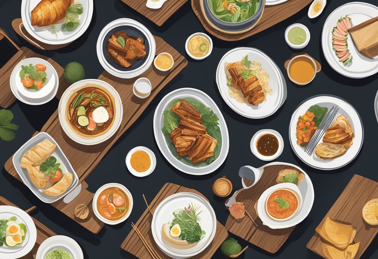 A table set with dim lighting, rustic wooden furniture, and a spread of modern Asian-inspired dishes at Yardbird Singapore