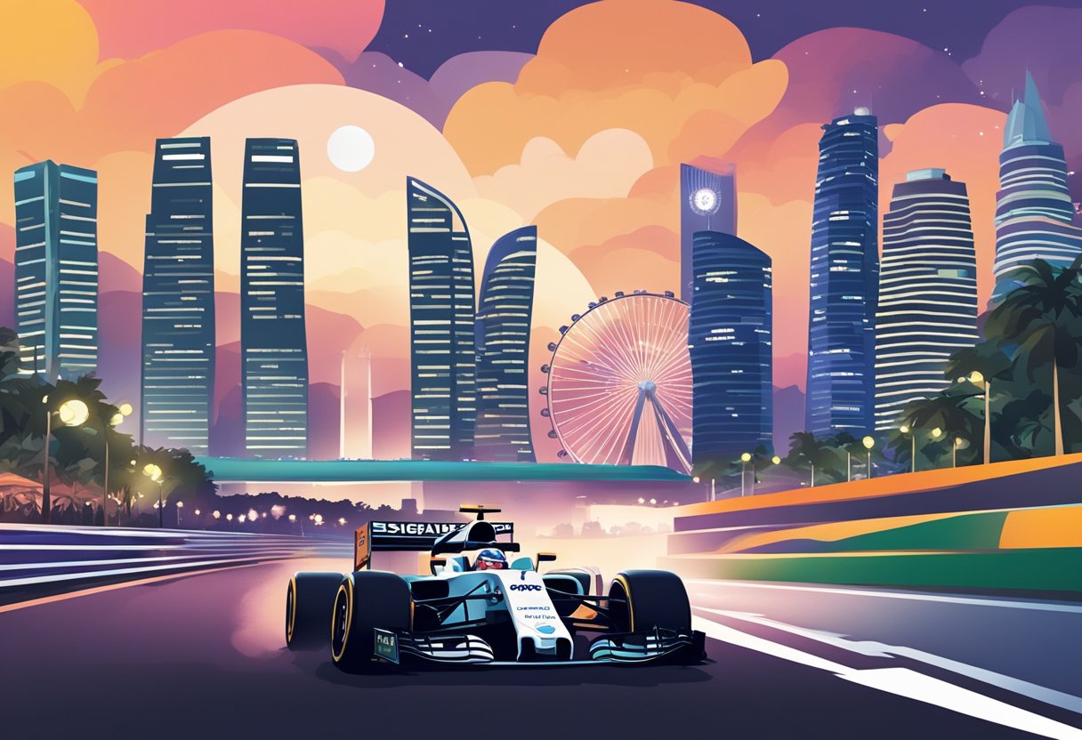 The Singapore Grand Prix roars through the city streets at night, with the iconic Marina Bay Sands and the Singapore Flyer looming in the background