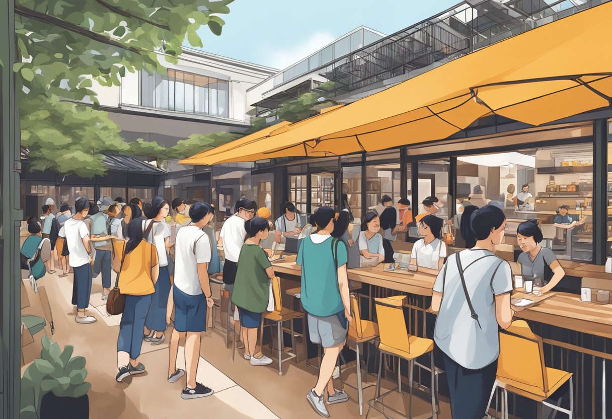 The bustling Visitor Information yard at Yardbird Singapore, with colorful signage and a helpful staff assisting tourists and providing information