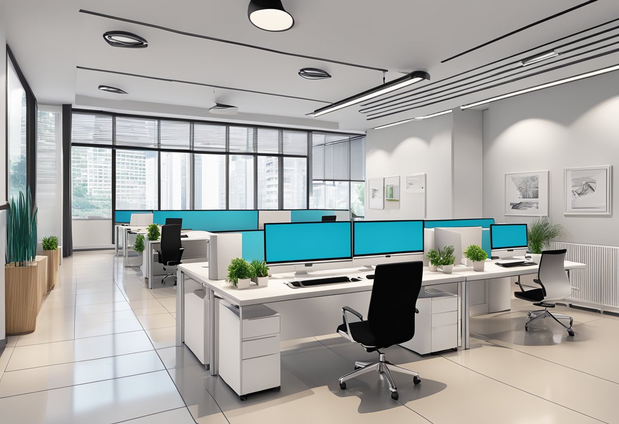 An office setting with modern furniture and computers, featuring the Adecco Singapore logo prominently displayed on the wall