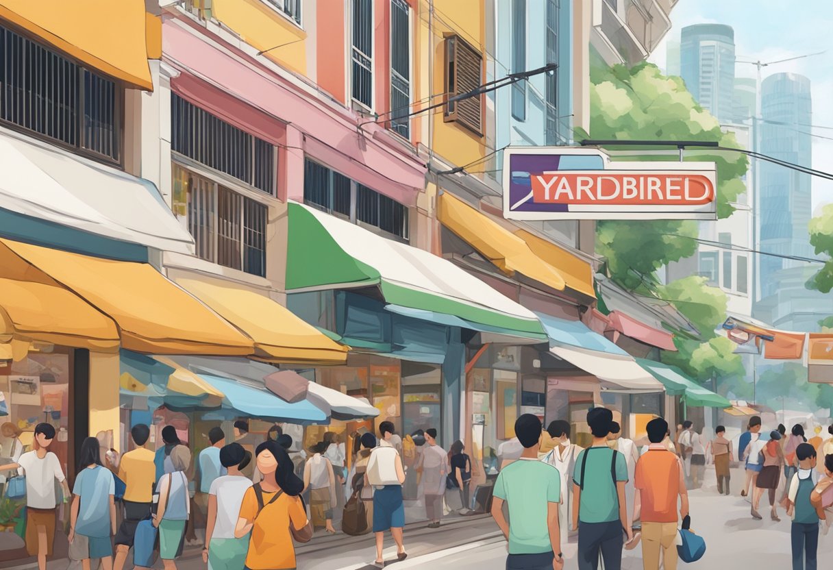 A colorful yardbird sign stands out against a bustling Singapore street, with people passing by and looking up at the sign