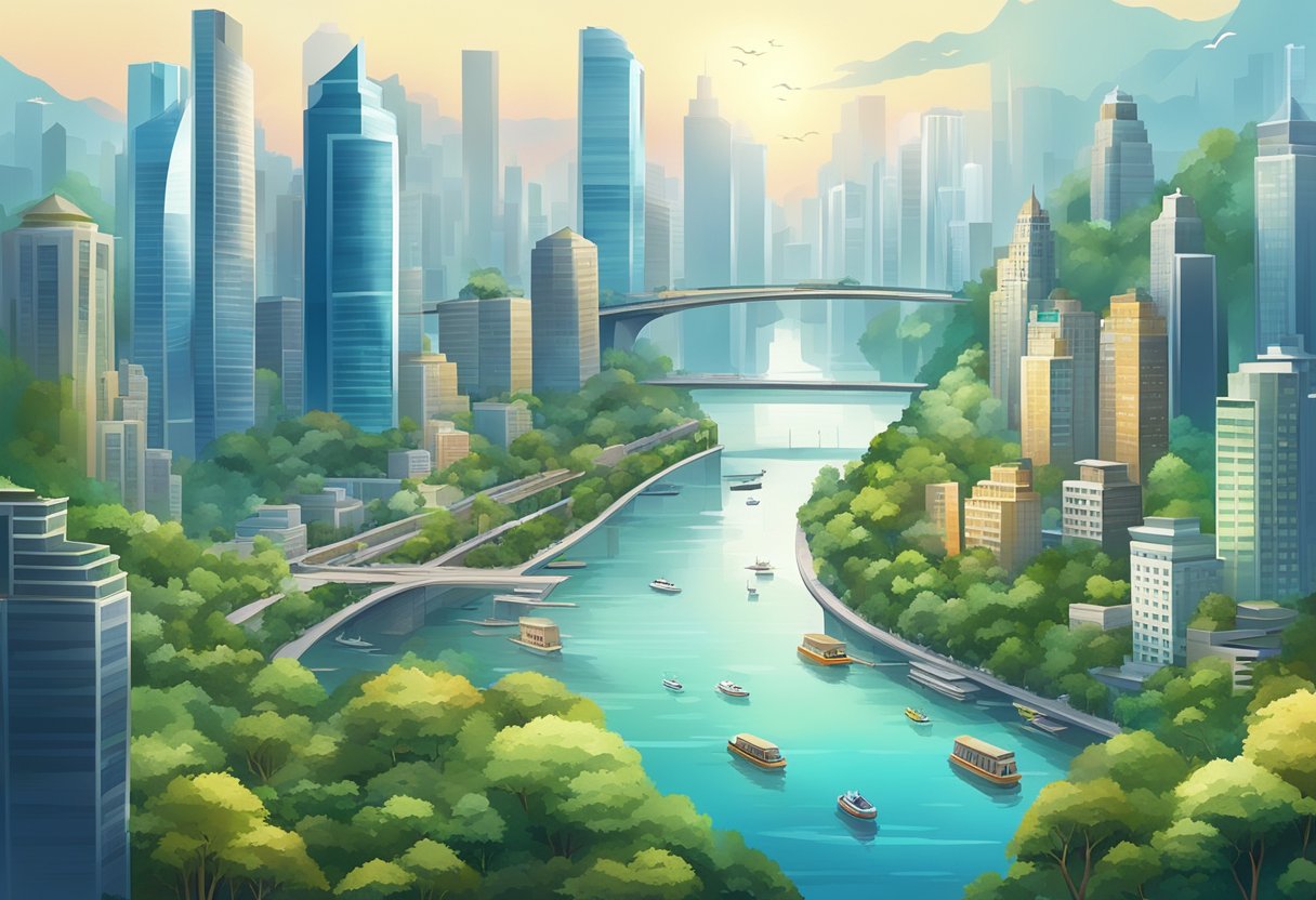 A bustling cityscape with modern skyscrapers and vibrant street life, set against a backdrop of lush greenery and glistening waters