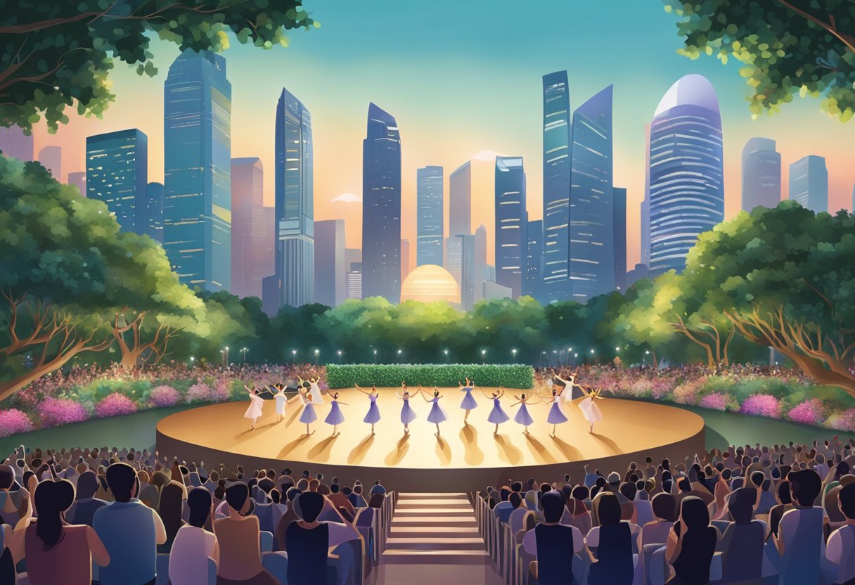 A stage with a grand ballet performance, set against the backdrop of Singapore's iconic skyline and lush greenery