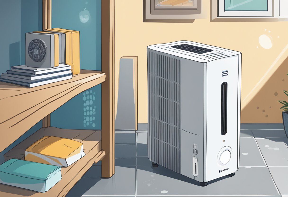 A dehumidifier sitting on a shelf in a Singaporean home, surrounded by moisture-absorbing products and with condensation visible on nearby surfaces